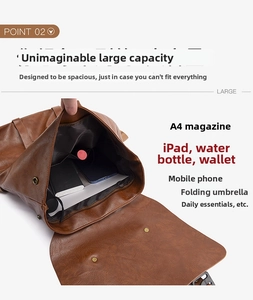 Brauner PU Leder Rucksack Innenraum mit Platz für A4 Magazine und ein iPad