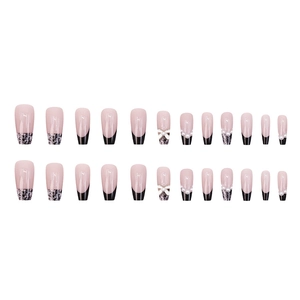 Faux ongles ballerine élégants avec nœuds noirs, perles et motif léopard lot de 24