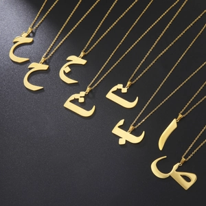 Arabic Letter Pendant Necklace Gold Plated Stainless Steel Polished Minimalist Initial Jewelry For Women Men