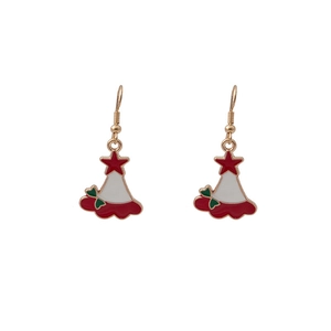 Detail of Christmas hat earrings with red star, green leaves, and gold enamel edges