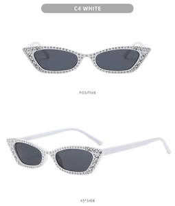 Cat eye sunglasses in white frame with rhinestones and grey lenses front and side view