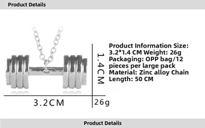 Detailed specs of silver dumbbell pendant necklace with dimensions 3.2x1.4cm and 50cm chain