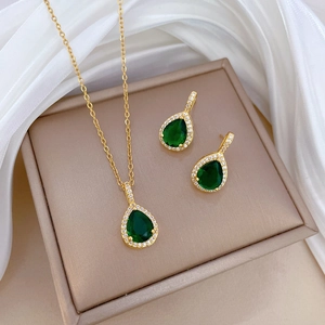Emerald Green Waterdrop Zircon Necklace And Earrings Gold Plated Alloy Silver Earring Post Stainless Steel Chain Vintage Elegant