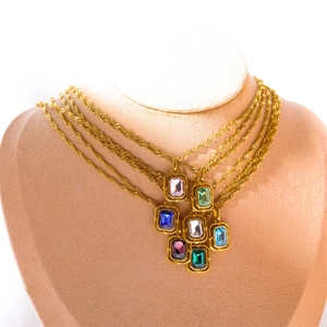 Elegant gold stainless steel necklaces with colorful square zircon crystal pendants