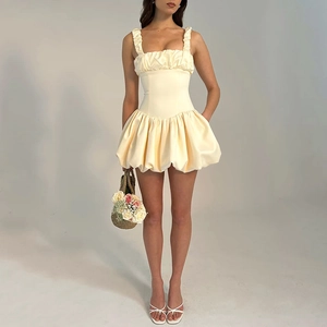 Sexy Square Neck Mini Dress Satin Patchwork Backless Bubble Hem Sleeveless High Waist Party Clubwear For Women