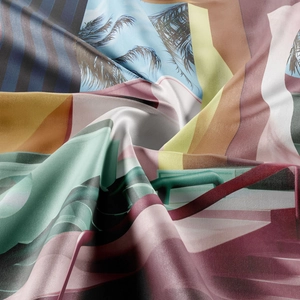 Detail of silk-satin tapestry fabric showing smooth texture and tropical palm patterns