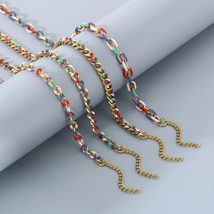 Multicolor enamel drip Cuban link necklaces in gold stainless steel with extension chain