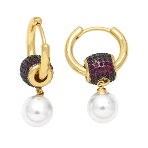 Elegant gold pearl hoop earrings with red crystal bead accents in a symmetrical view