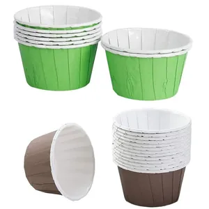 Detail of rolled rim muffin liners in green and brown showing food-grade inner coating
