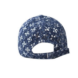 Detail of blue tweed baseball cap with silver sequin flowers and adjustable metal buckle
