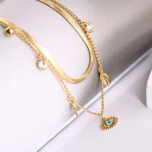 Bohemian Stainless Steel Jewelry Necklace And Bracelet Double Layered Snake Chain Blue Evil Eye Star Zircon Fashion For Women