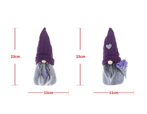 Detailed view of handmade knitted coffee gnomes in purple with 23cm height dimensions