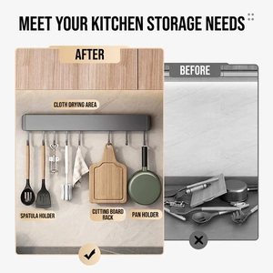 Wall-mounted kitchen hook rack for organizing spatulas and utensils with a sleek gray finish