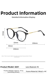 Detailed measurement guide for 8201 blue light glasses with black and gold frames