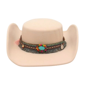 Beige wool felt western cowboy hat with ethnic turquoise band and fringe tassels