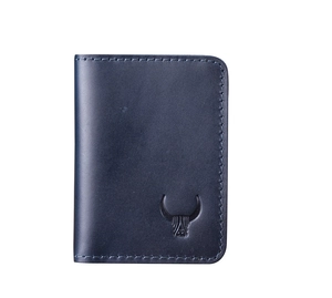 Detail of crazy horse leather card holder with bull logo and handmade stitching