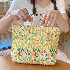 Canvas makeup bag with yellow tulip prints and dots, large capacity for travel storage