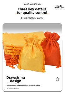 Close-up of drawstring closure on orange and yellow linen texture jewelry storage bags