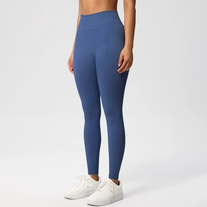 Close-up of gray-blue high waist seamless yoga leggings with breathable knit texture