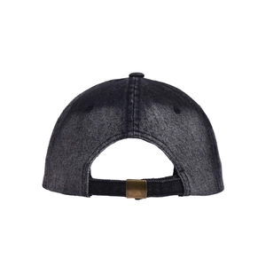 Detail of vintage washed denim baseball cap featuring a bronze adjustable metal buckle