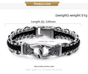 Detail of men's braided nylon bracelet with engraved stainless steel clasp and dimensions