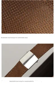 Detail of brown mesh docker cap with breathable fabric and adjustable metal buckle strap