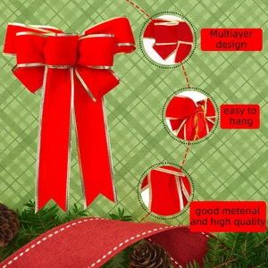 Christmas red velvet bow with gold edges for holiday decoration and gift wrapping
