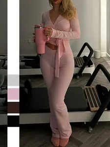 Tenue De Yoga Femme Haut Croisé À Manches Longues Et Pantalon Évasé Taille Haute Loungewear