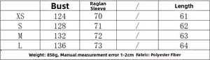 Detailed size chart for faux leather bomber jacket including bust and length measurements