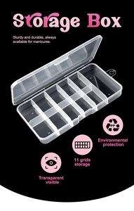 Close-up of 11-compartment transparent PP storage box for nail art tips and accessories