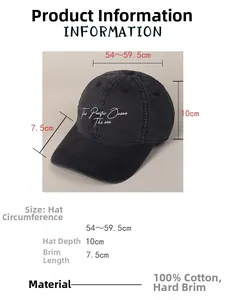 Size guide for cotton baseball cap showing adjustable circumference and 100% cotton material