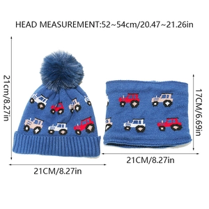 Detailed sizing chart for kids knit hat and scarf set with blue tractor patterns