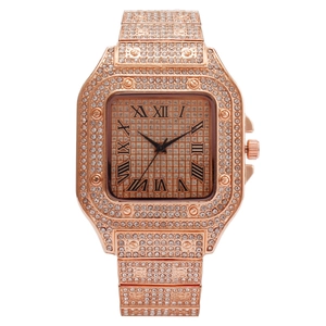 Luxury rose gold square watch fully set with white crystals and Roman numerals
