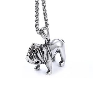 Retro silver stainless steel bulldog pendant necklace shown from a 45-degree angle