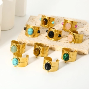 Vintage 18k gold plated stainless steel rings with colorful natural stones
