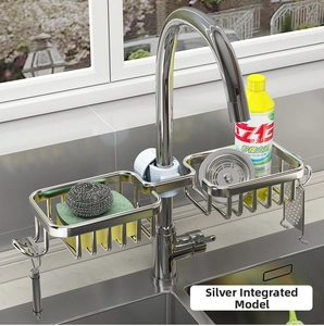 Detail view of double basket stainless steel faucet rack for kitchen sink storage
