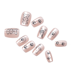 Cute cartoon puppy and cat paw patterns on nude pink cat-eye press-on nails set