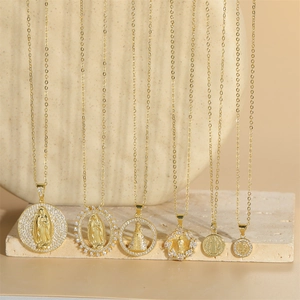 Polished gold plated pendant necklace set with religious virgin mary icons and cubic zirconia