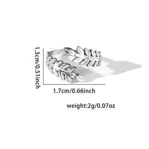 Detailed view of silver leaf-shaped open ring with 1.3cm and 1.7cm size specifications