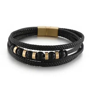 Bracelet En Cuir Tressé Multicouche Pour Homme Avec Fermoir Magnétique En Acier Inoxydable Et Perles Style Punk Bijoux