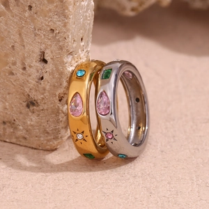 Vintage Stainless Steel Color Rhinestone Ring For Women Retro Geometric Water Drop Rectangle 18K Gold Plated Jewelry Finger Ring