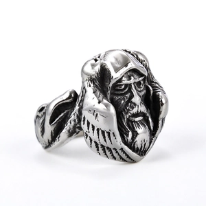 Vintage stainless steel Viking ring with embossed elder face and silver finish