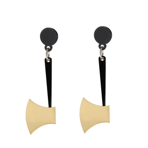 Detailed view of gold and black acrylic axe-shaped earrings with unique dangle design