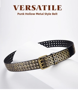 Detail view of punk style PU leather belt with golden square rivets and double-prong buckle