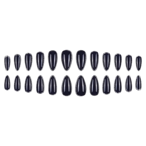 Almond-shaped dark navy false nail set with sparkling silver glitter edge design