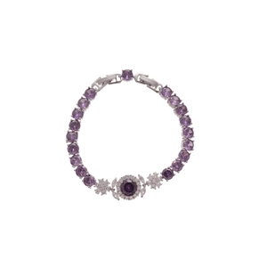 Elegant silver bracelet with purple zircon floral charms and circular geometric crystals