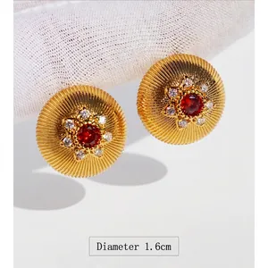Vintage gold brushed round stud earrings with red ruby and white zircon stones 1.6cm