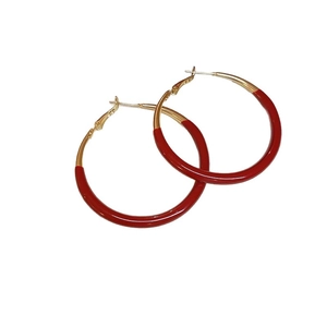 Elegant large gold hoop earrings with red resin fabric accents for women floral style