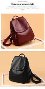 Detail view of burgundy and black soft leather backpacks with embossed kangaroo logo