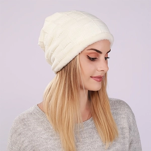 Bonnet Beanie D'Hiver Doublé Polaire Acrylique Tricoté Plissé Damier Chaud Résistant Au Froid Pour Hommes Femmes
